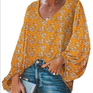 Loose Shirt Balloon Sleeve V-Neck Blouse